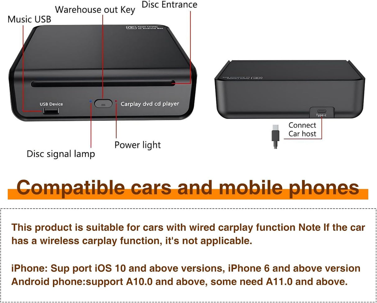 CarPlay CD Player Supports Wireless CarPlay/Android Auto for Car with Wired CarPlay