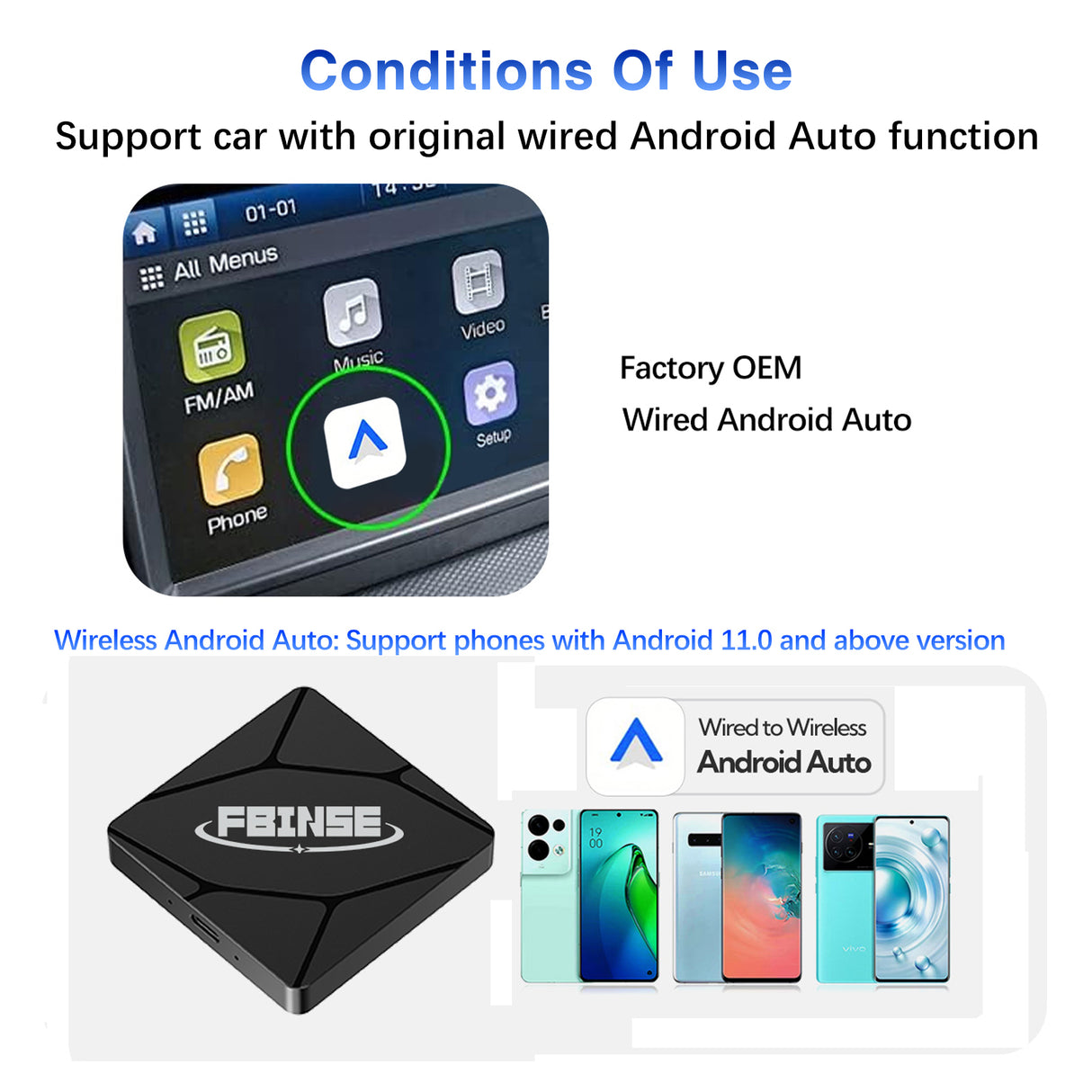 Wireless Android Auto Adapter for Vehicle with OEM Wired Android Auto