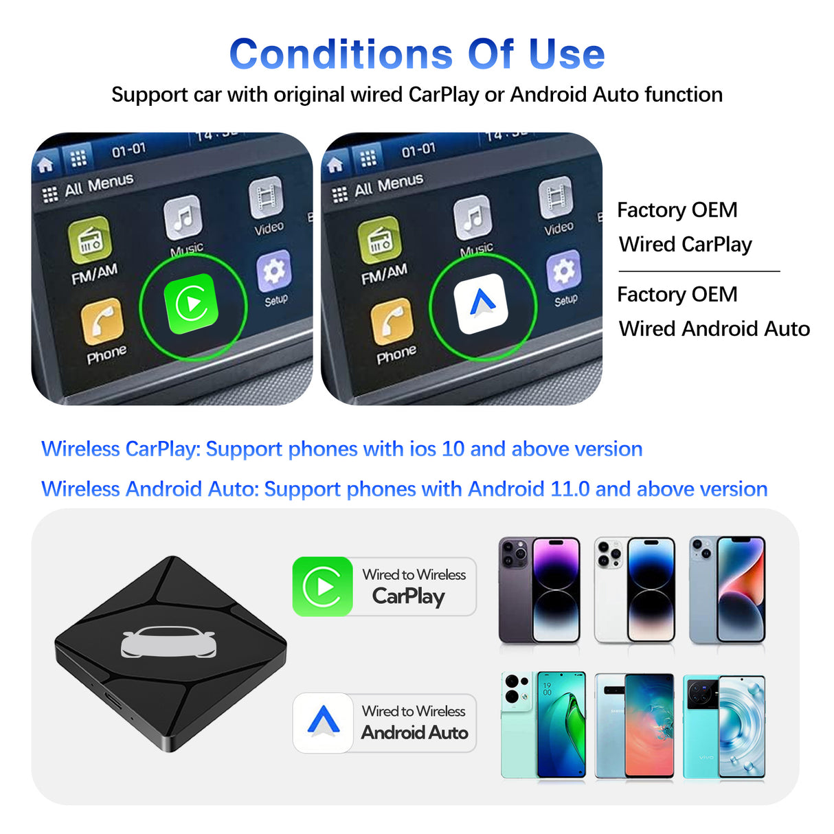 Wireless CarPlay/Android Auto Adapter for Vehicle with OEM Wired CarPlay/Android Auto